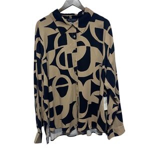 Eloquii Blouse Womens 26 Tan Black Geometric Long Sleeve Button Front Career New